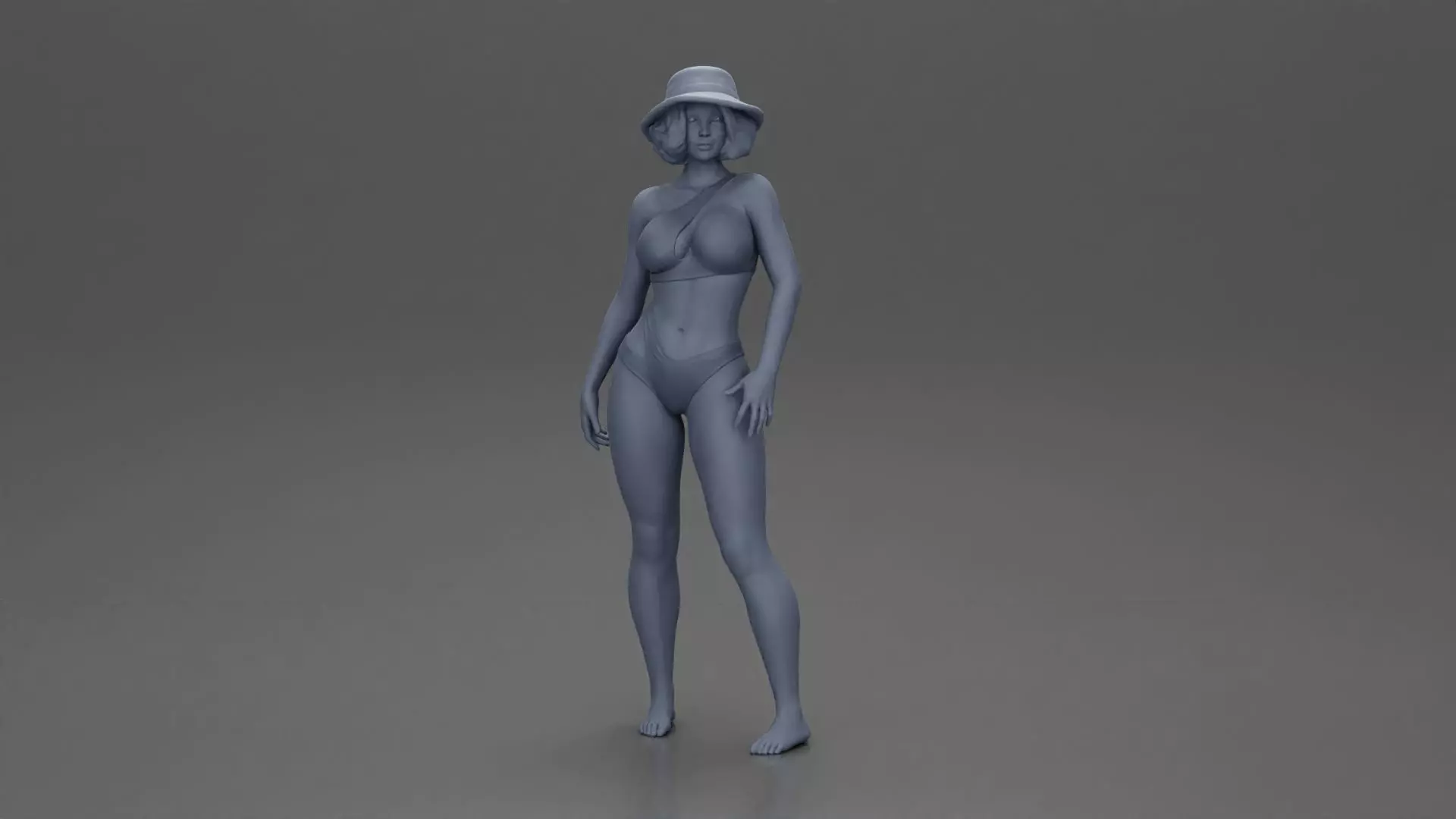 Stylish woman modeling modern asymmetric bikini and hat 3D print model_6
