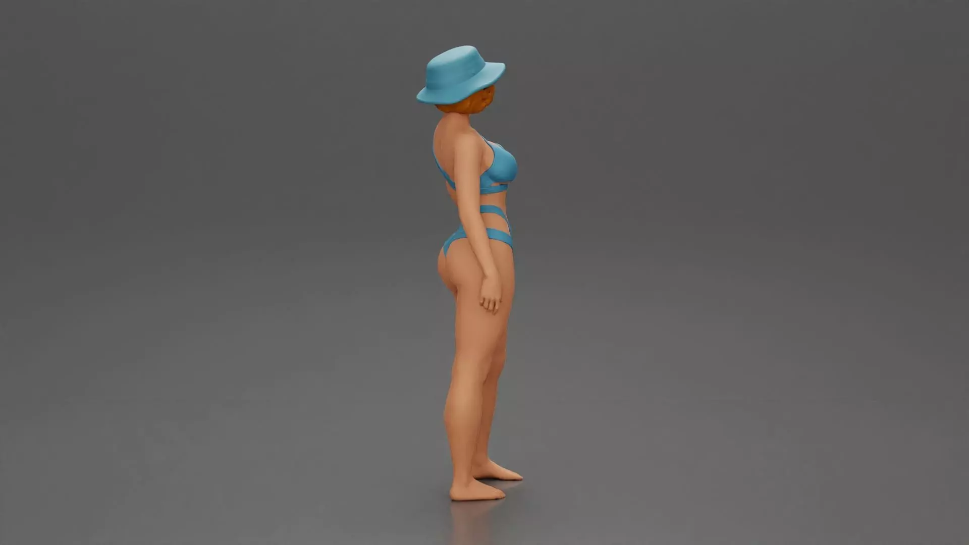 Stylish woman modeling modern asymmetric bikini and hat 3D print model_2