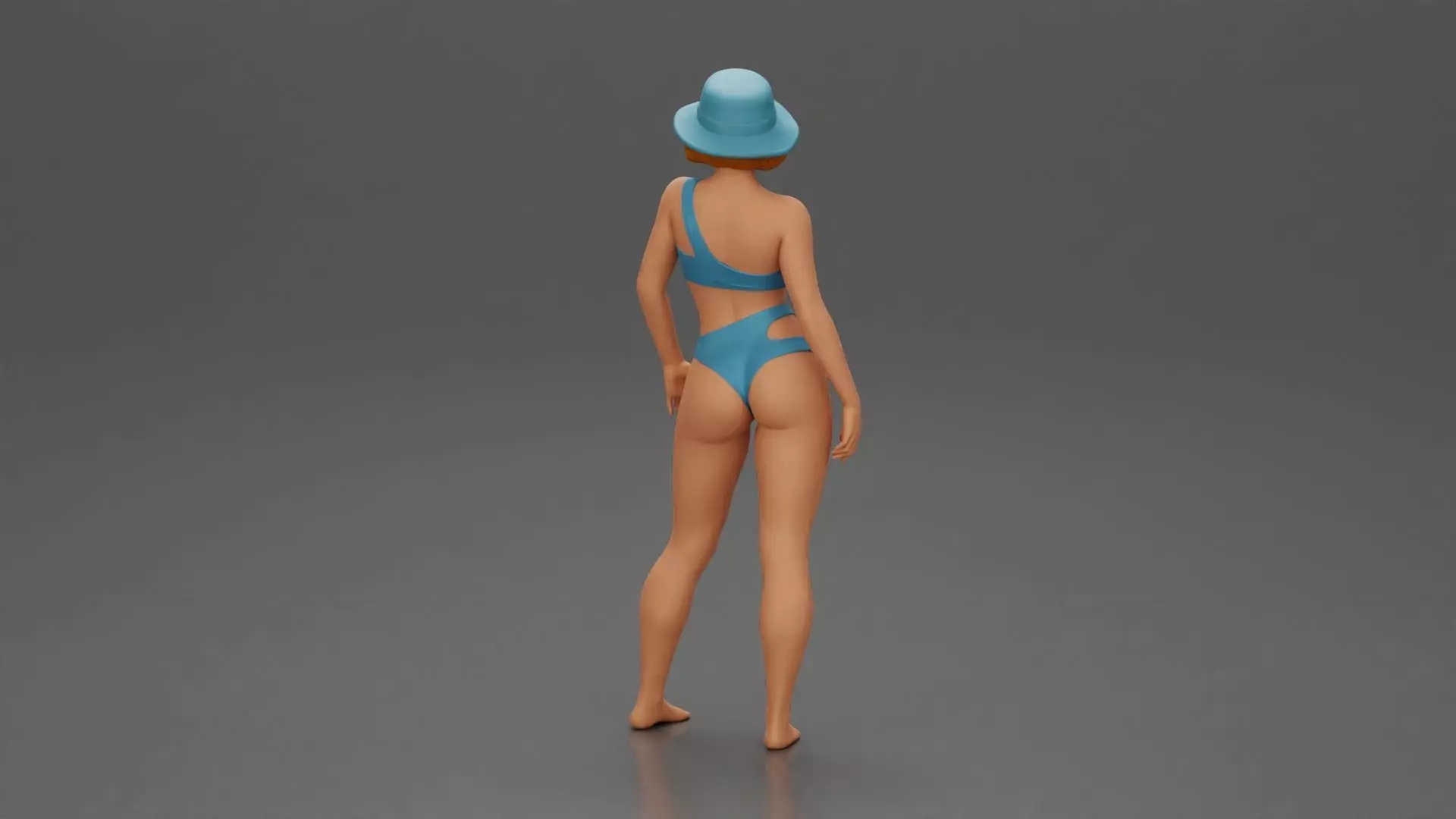 Stylish woman modeling modern asymmetric bikini and hat 3D print model_3