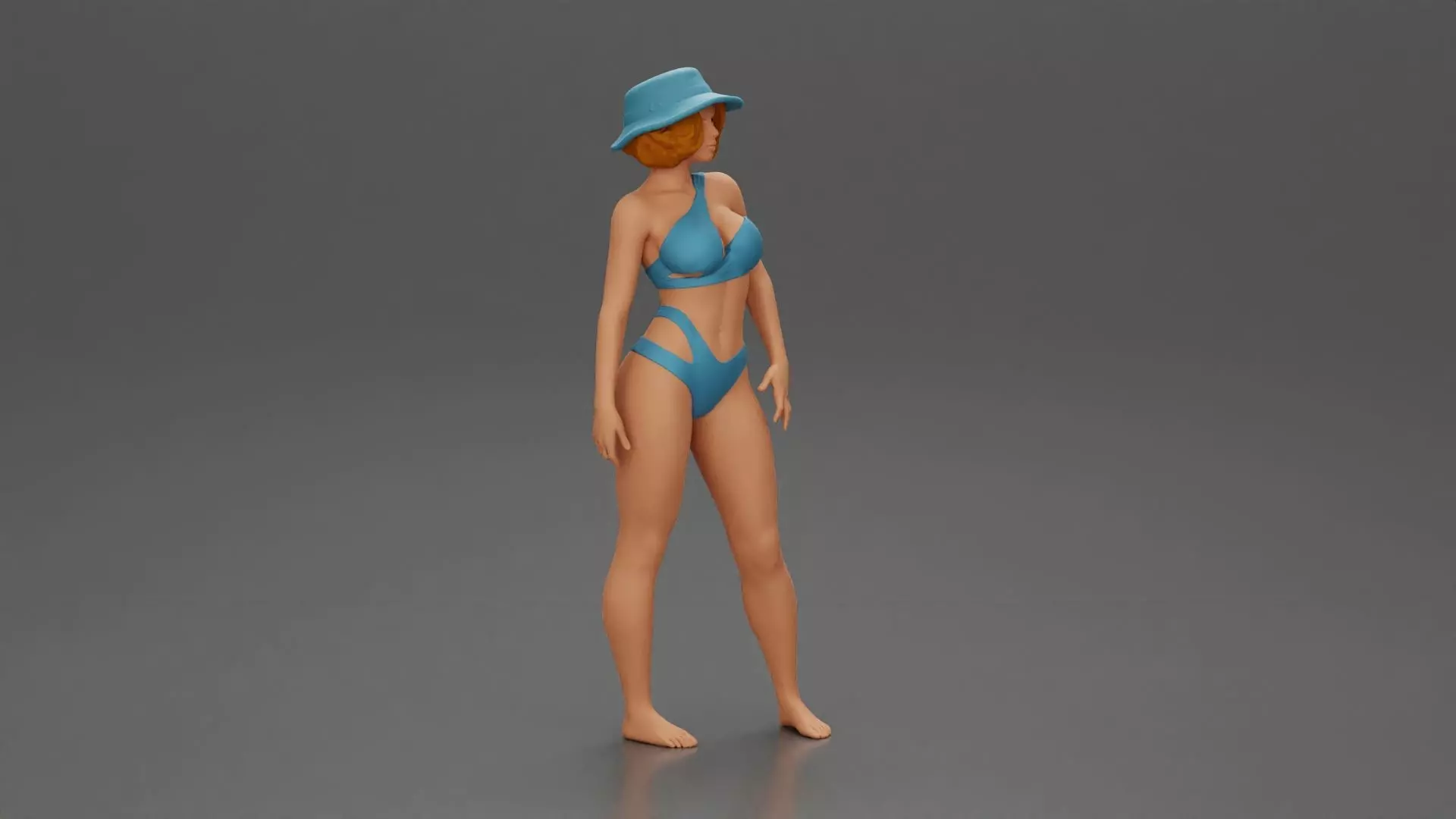 Stylish woman modeling modern asymmetric bikini and hat 3D print model_1