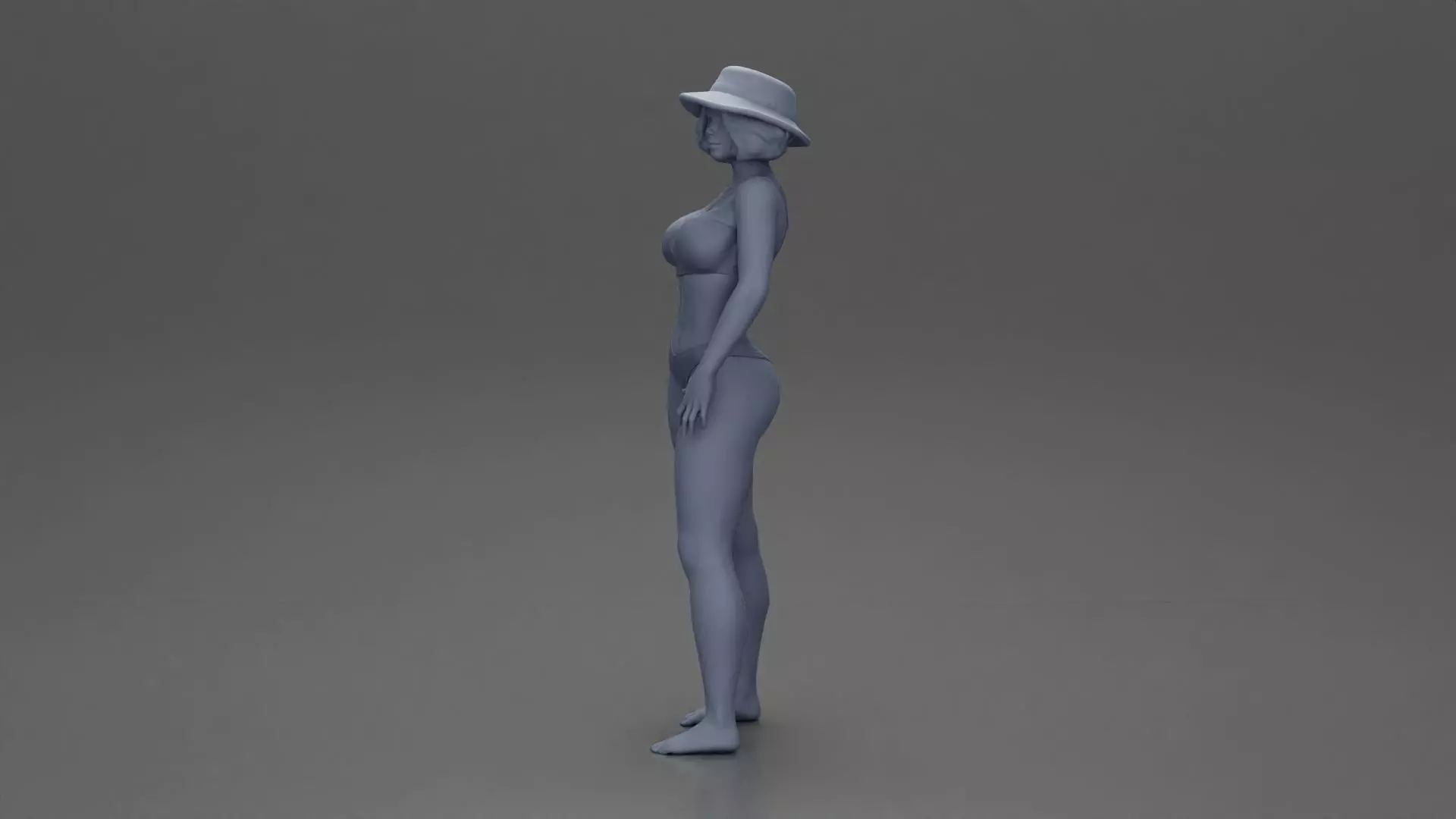 Stylish woman modeling modern asymmetric bikini and hat 3D print model_11