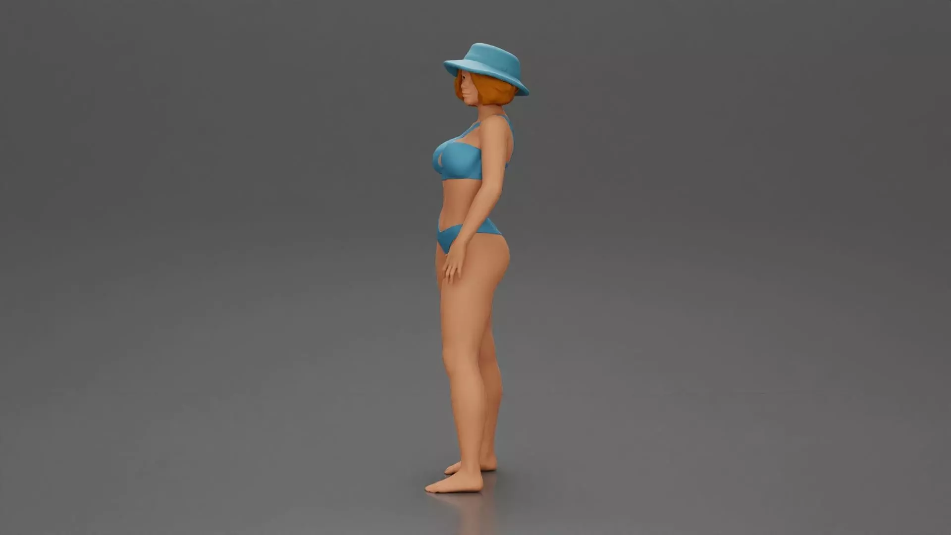 Stylish woman modeling modern asymmetric bikini and hat 3D print model_5