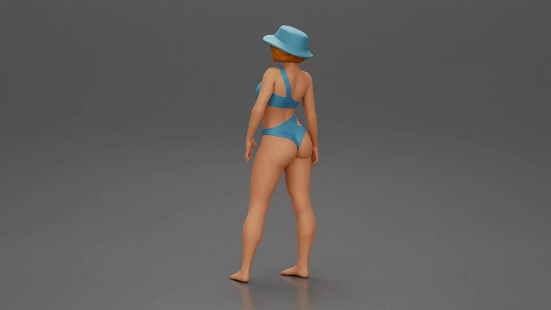 Stylish woman modeling modern asymmetric bikini and hat 3D print model_4