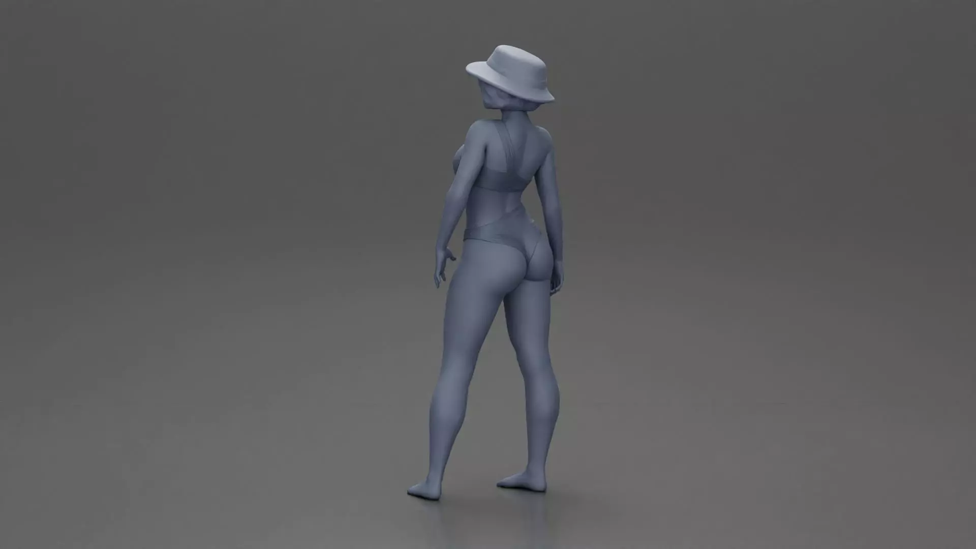 Stylish woman modeling modern asymmetric bikini and hat 3D print model_10