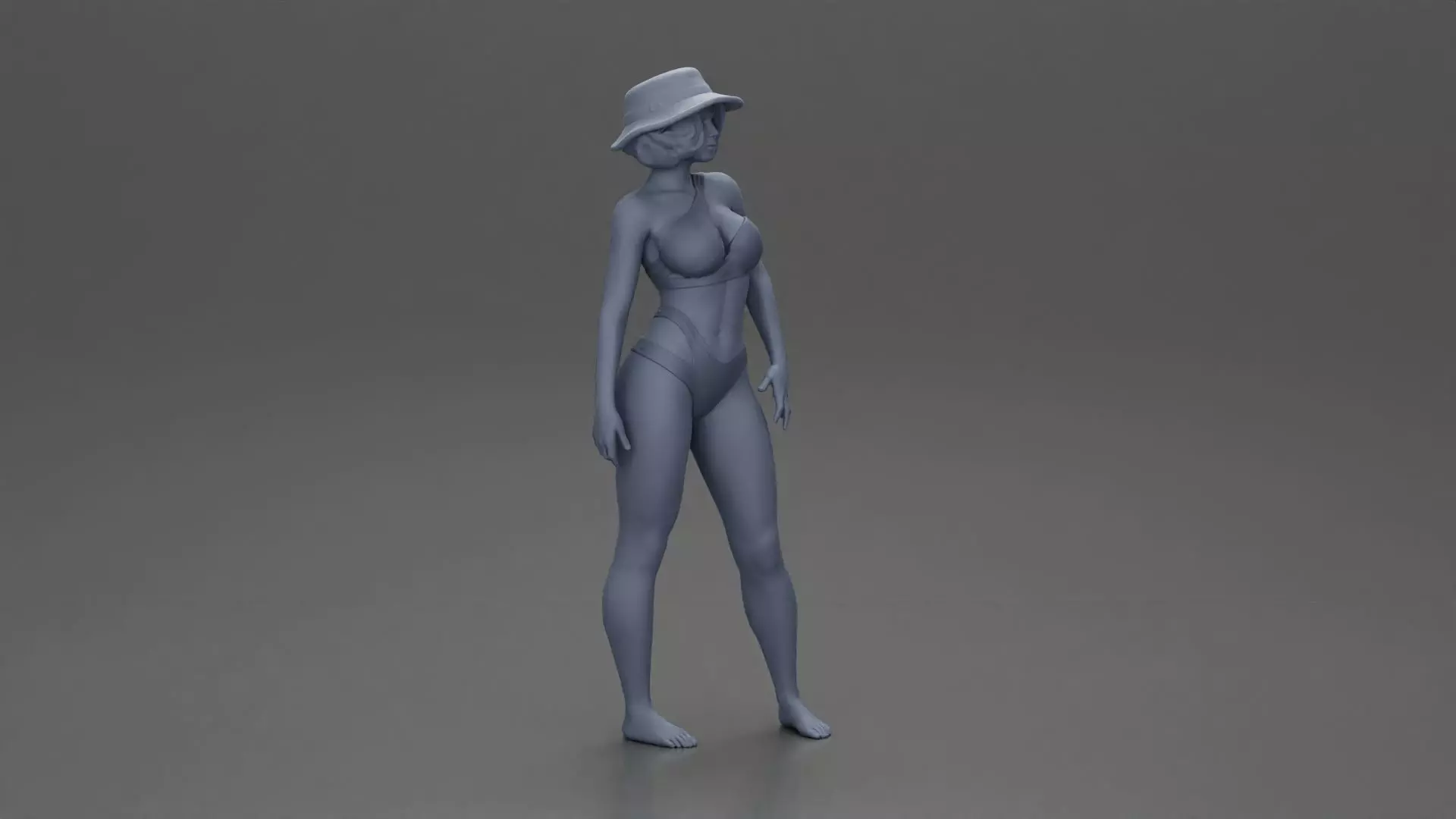 Stylish woman modeling modern asymmetric bikini and hat 3D print model_7