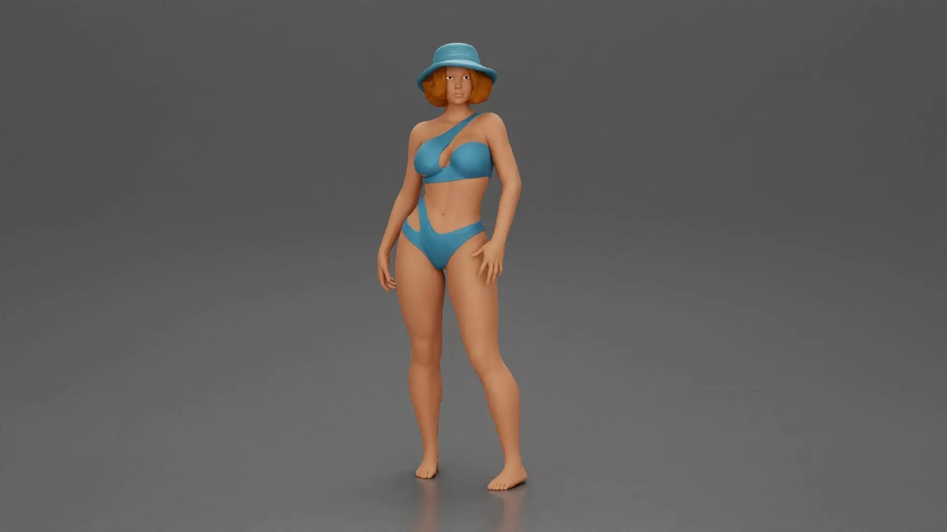 Stylish woman modeling modern asymmetric bikini and hat 3D print model_0