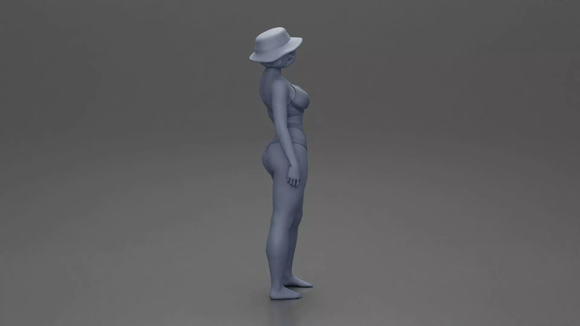 Stylish woman modeling modern asymmetric bikini and hat 3D print model_8