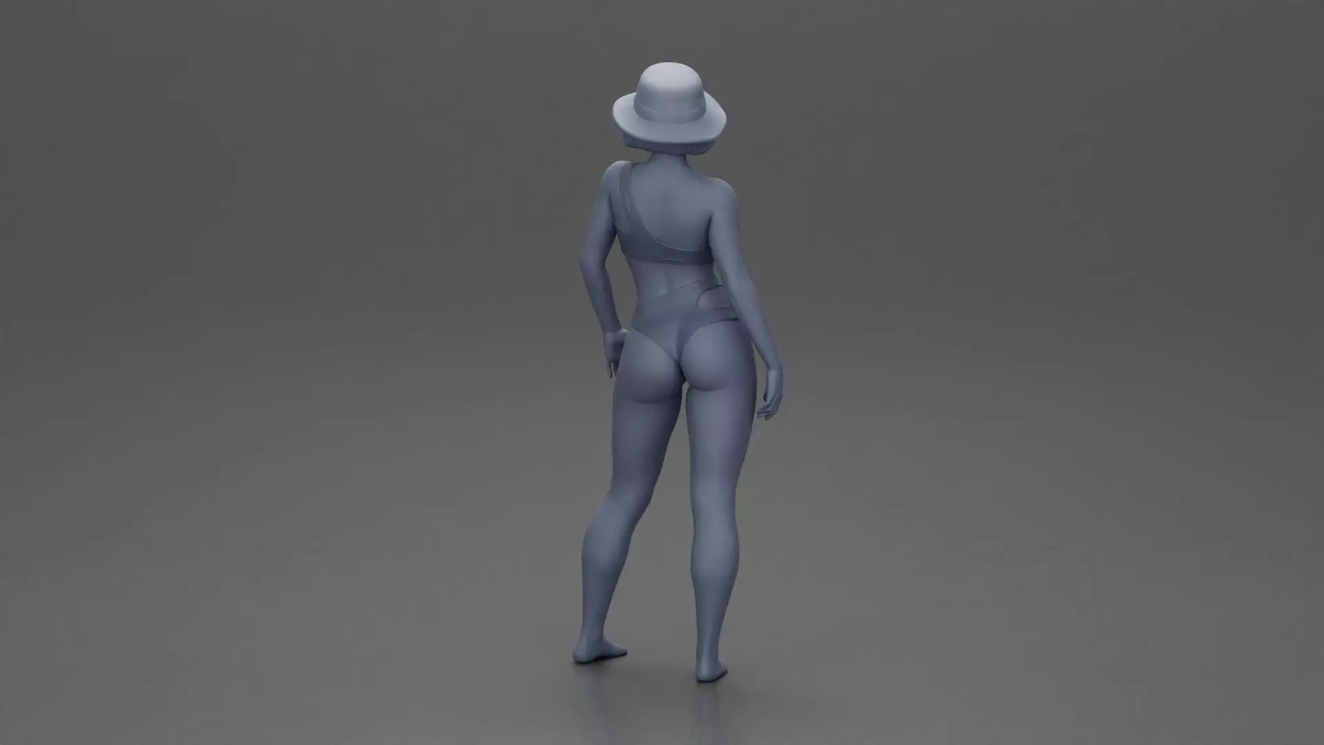 Stylish woman modeling modern asymmetric bikini and hat 3D print model_9