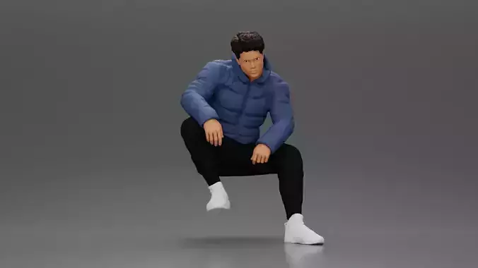 performer crouching in puffer jacket athletic stance setting