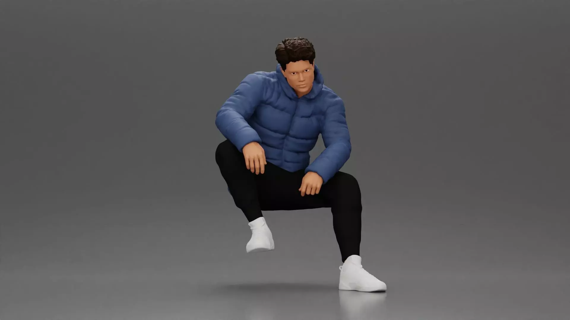 performer crouching in puffer jacket athletic stance setting 3D print model_0