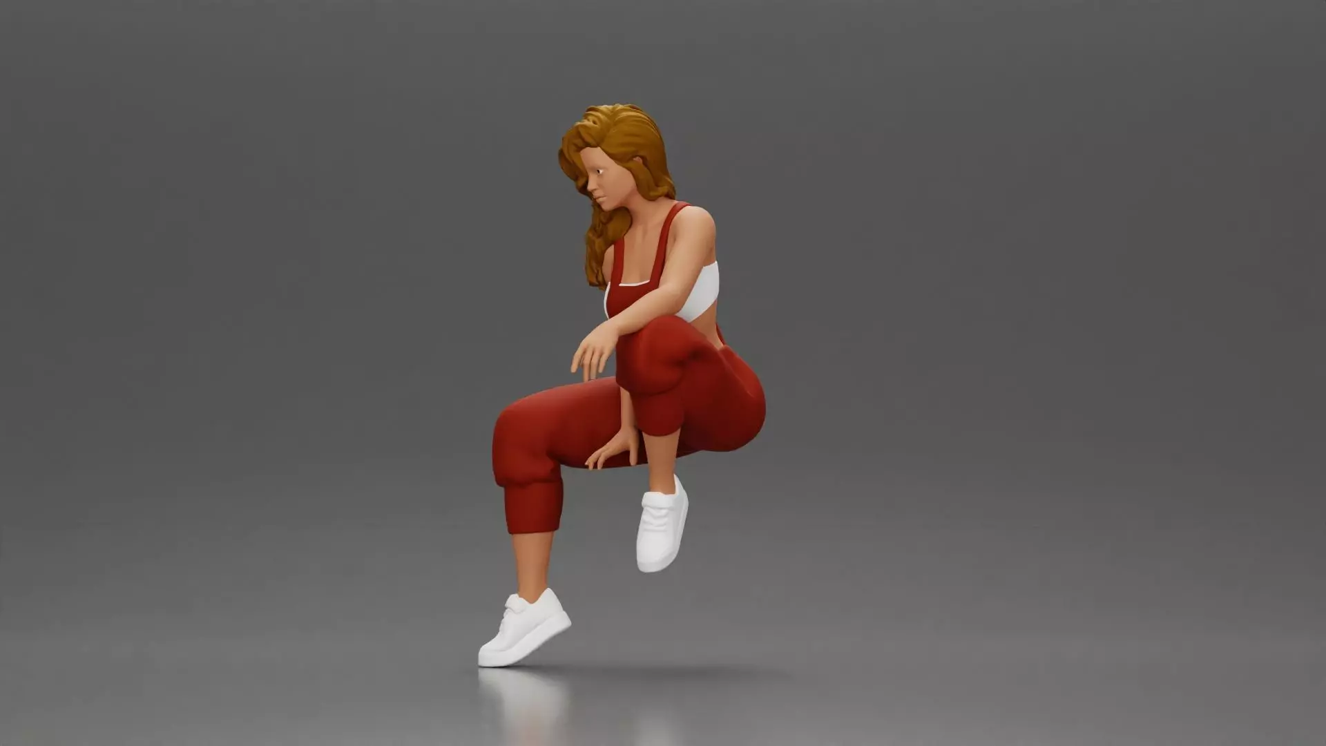 Street dancer in red overalls sitting stylishly on parked car 3D print model_5