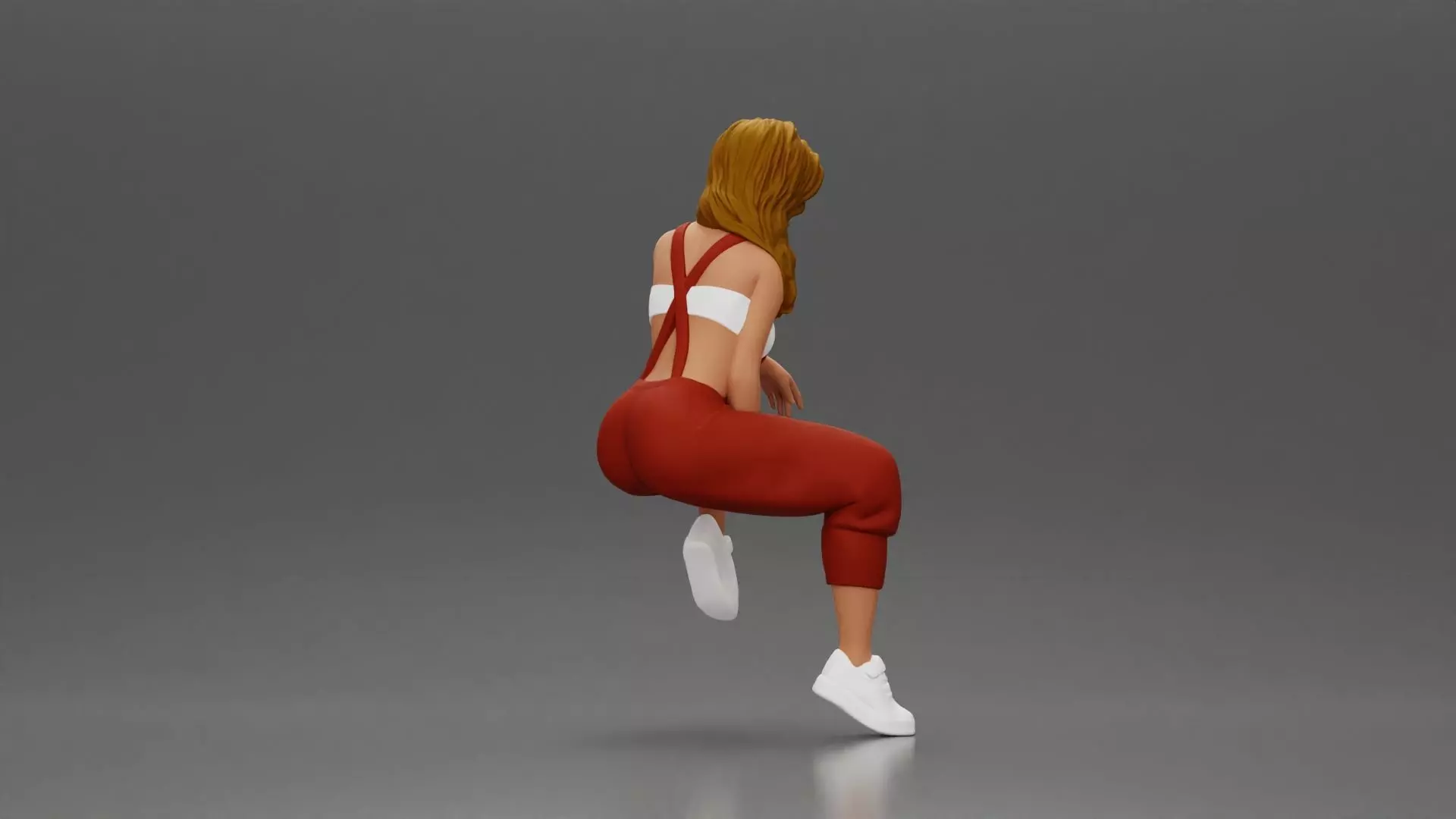 Street dancer in red overalls sitting stylishly on parked car 3D print model_2