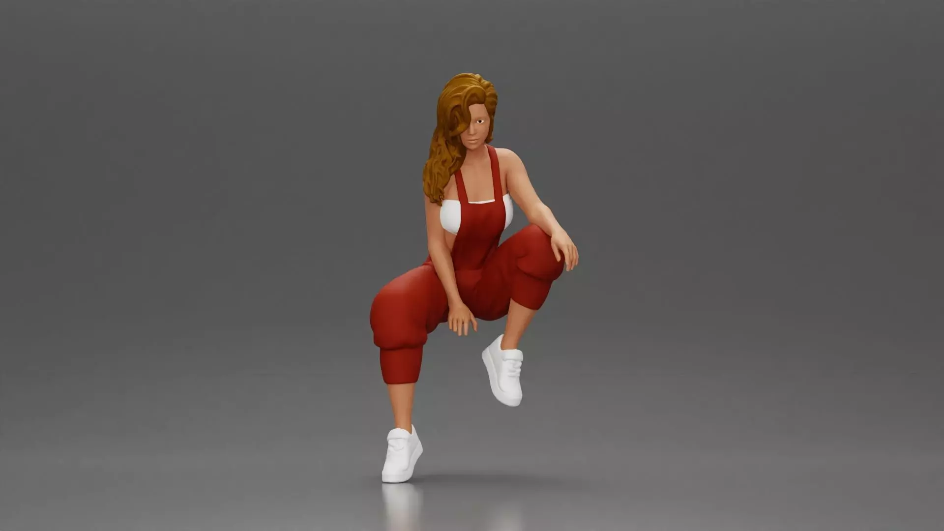 Street dancer in red overalls sitting stylishly on parked car 3D print model_0