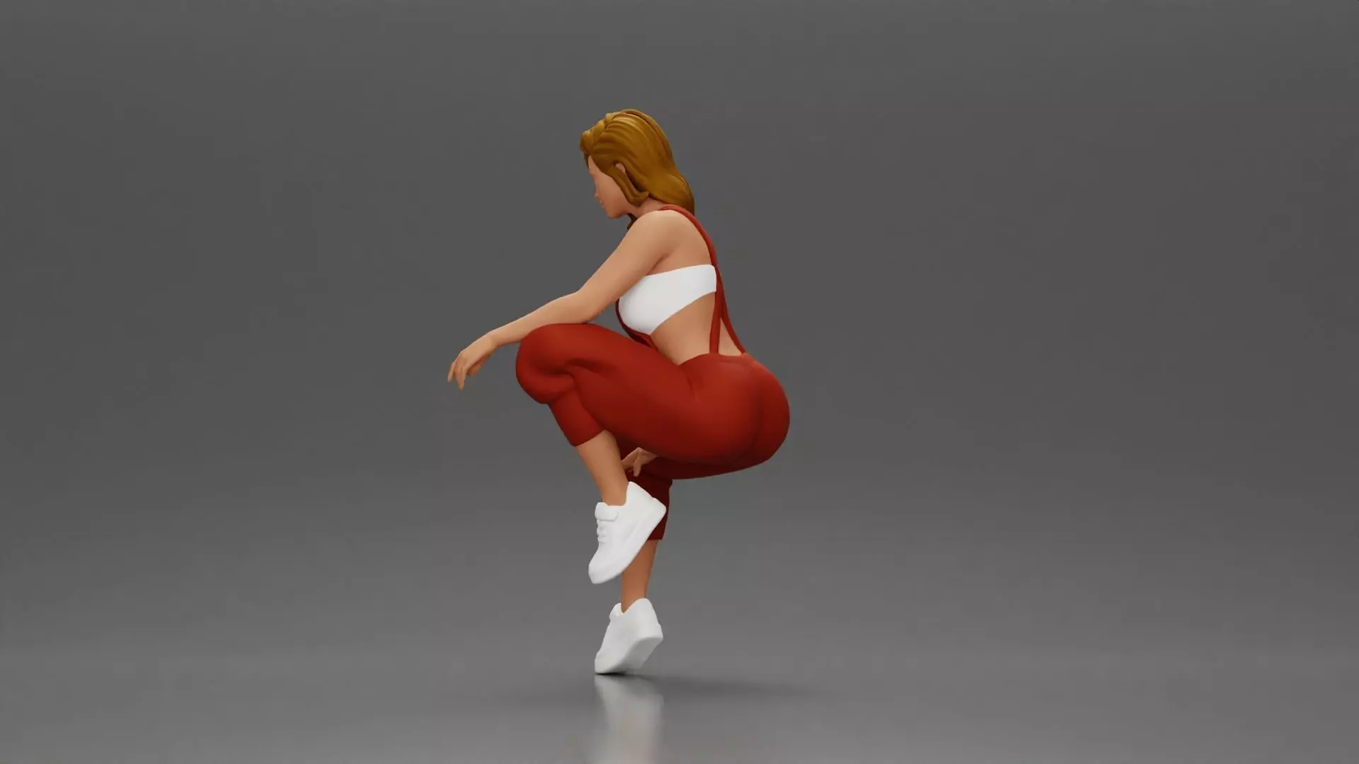 Street dancer in red overalls sitting stylishly on parked car 3D print model_4