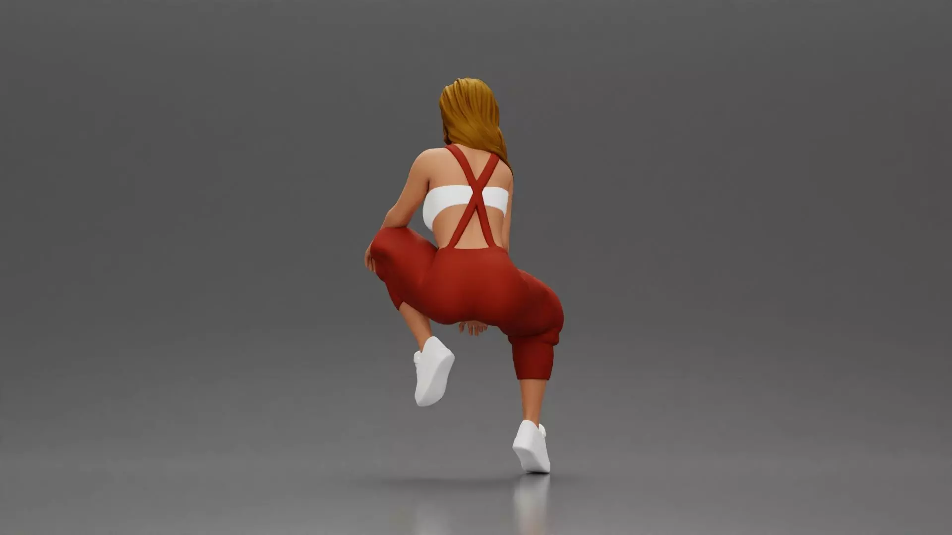 Street dancer in red overalls sitting stylishly on parked car 3D print model_3