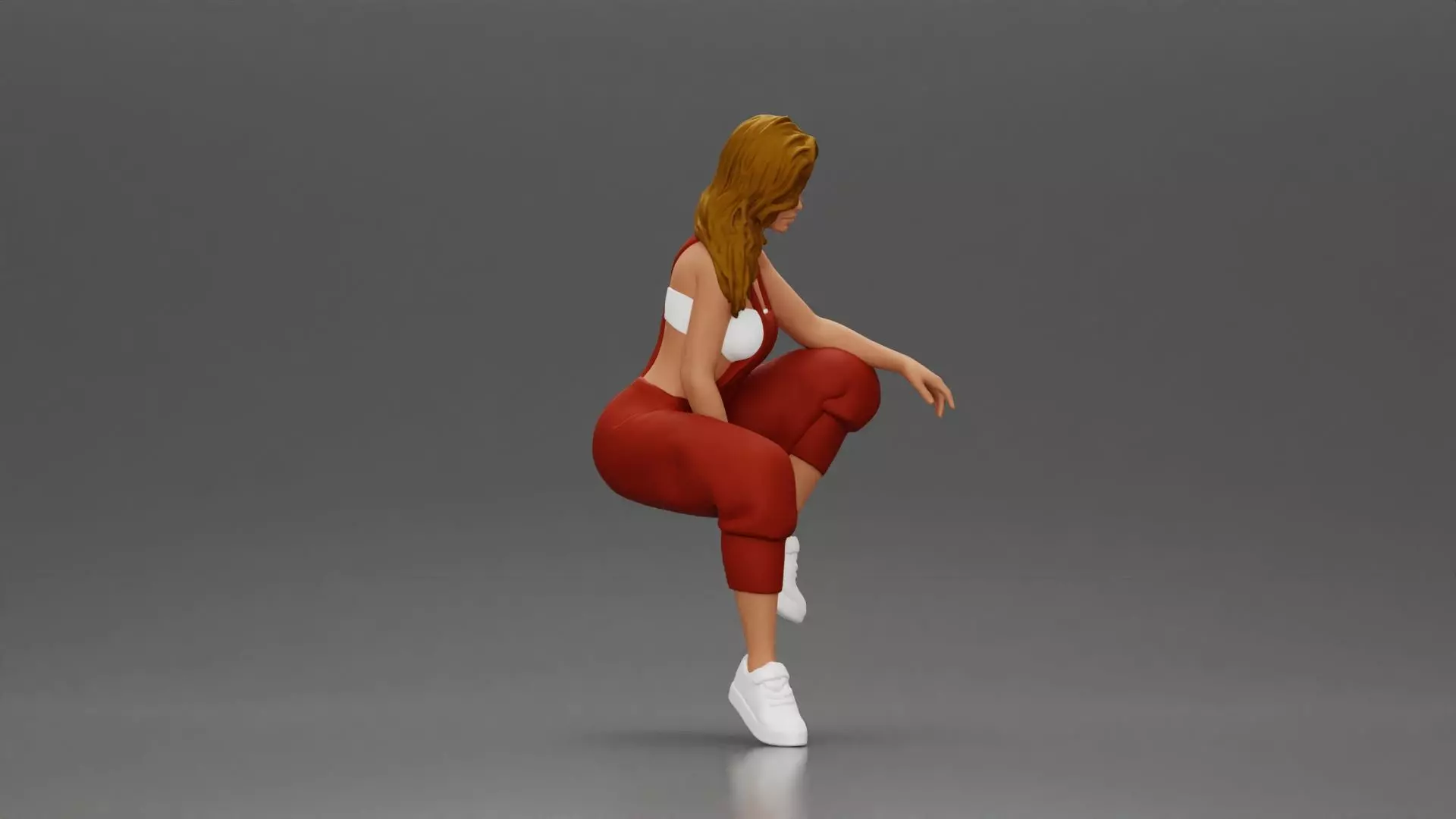 Street dancer in red overalls sitting stylishly on parked car 3D print model_1
