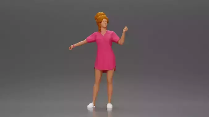 Woman in pink dress dancing joyfully with raised arms sideways