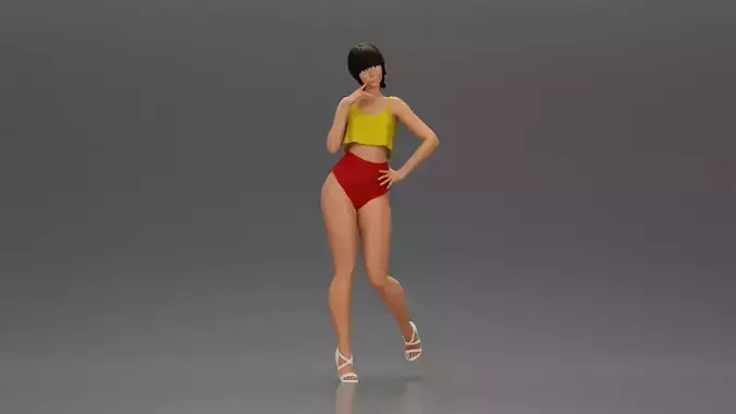 Striking a flirty pose wearing yellow crop top red bottoms