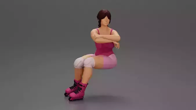 Roller skater in outfit performs balanced squat arms crossed
