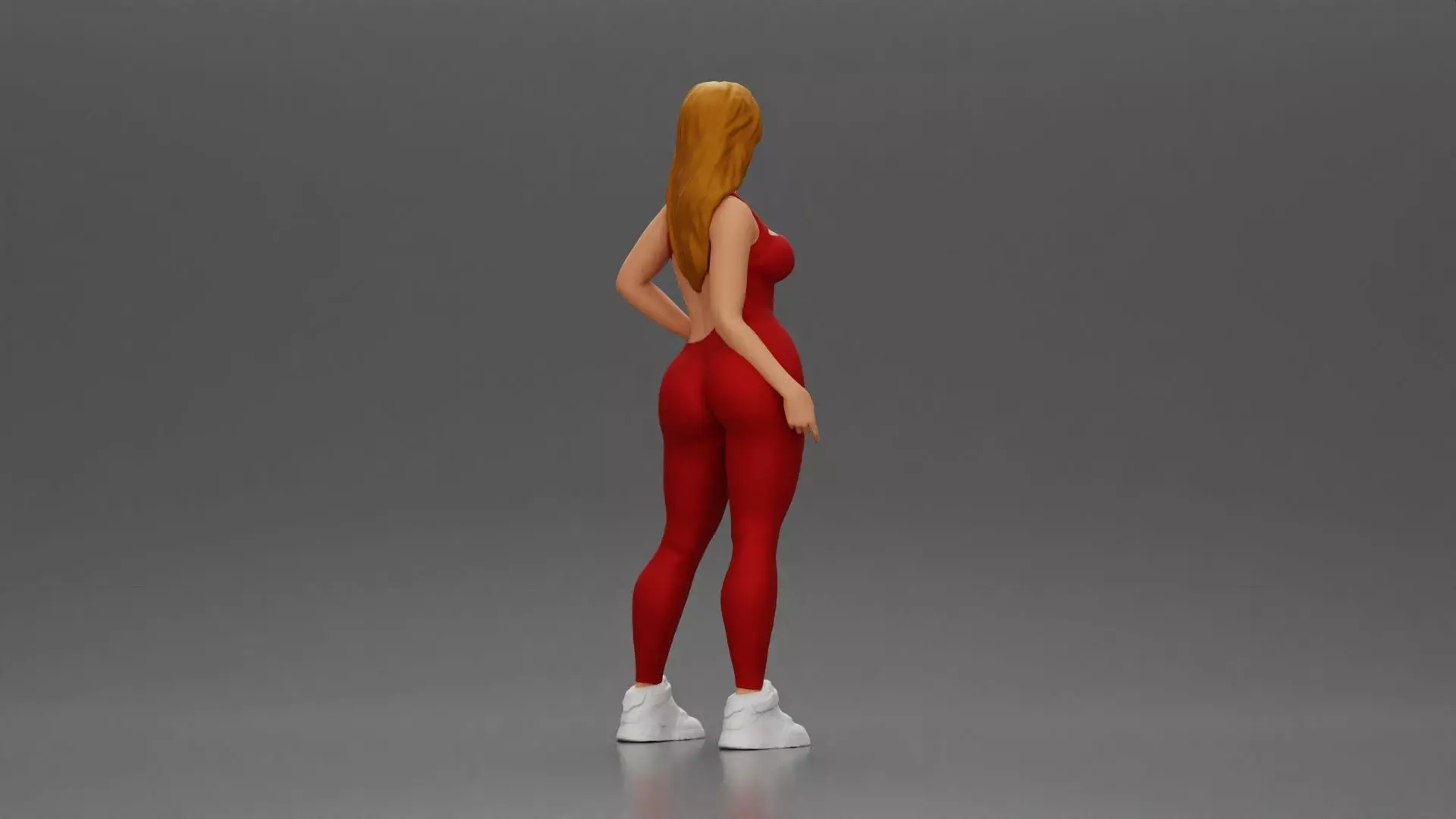 woman in red bodysuit striking a fashionable pose with sneakers 3D print model_2
