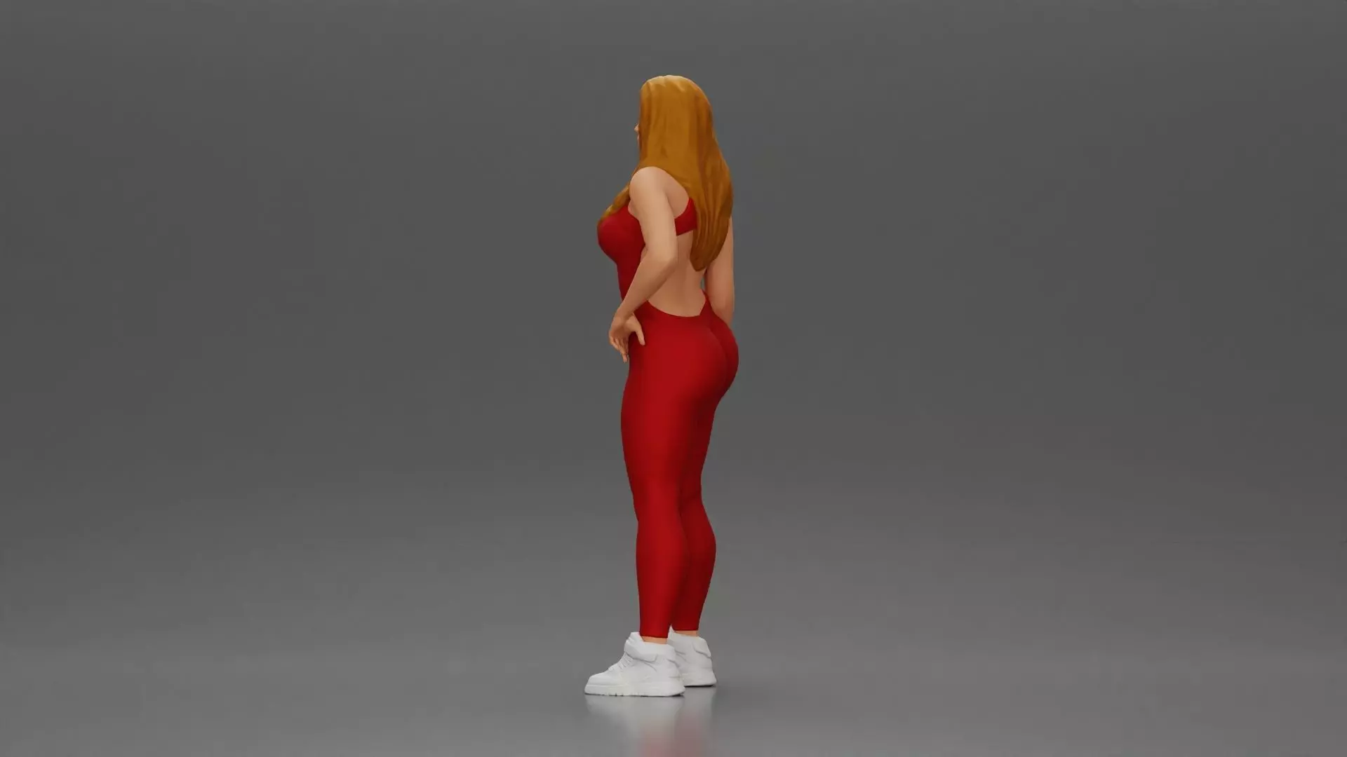 woman in red bodysuit striking a fashionable pose with sneakers 3D print model_4