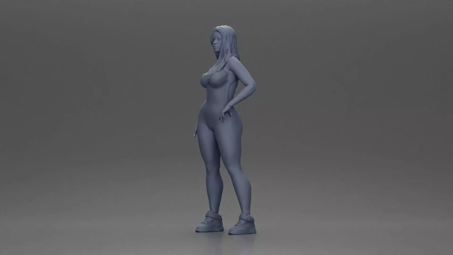 woman in red bodysuit striking a fashionable pose with sneakers 3D print model_11