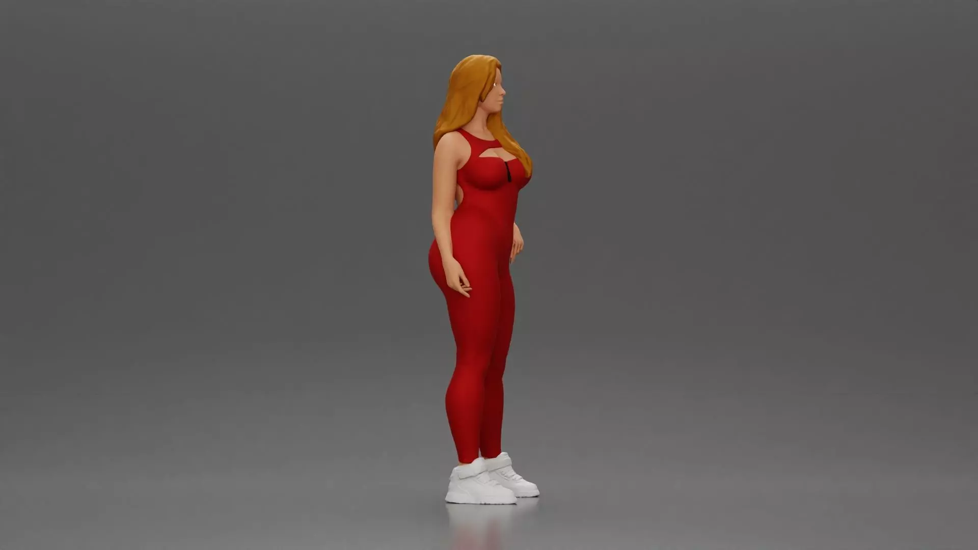 woman in red bodysuit striking a fashionable pose with sneakers 3D print model_1