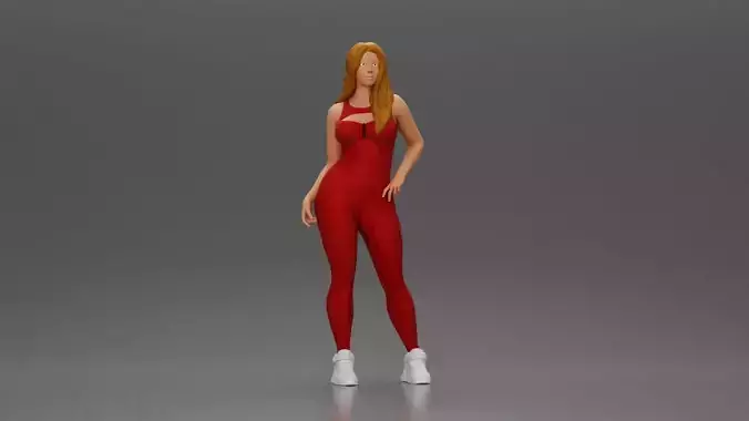 woman in red bodysuit striking a fashionable pose with sneakers