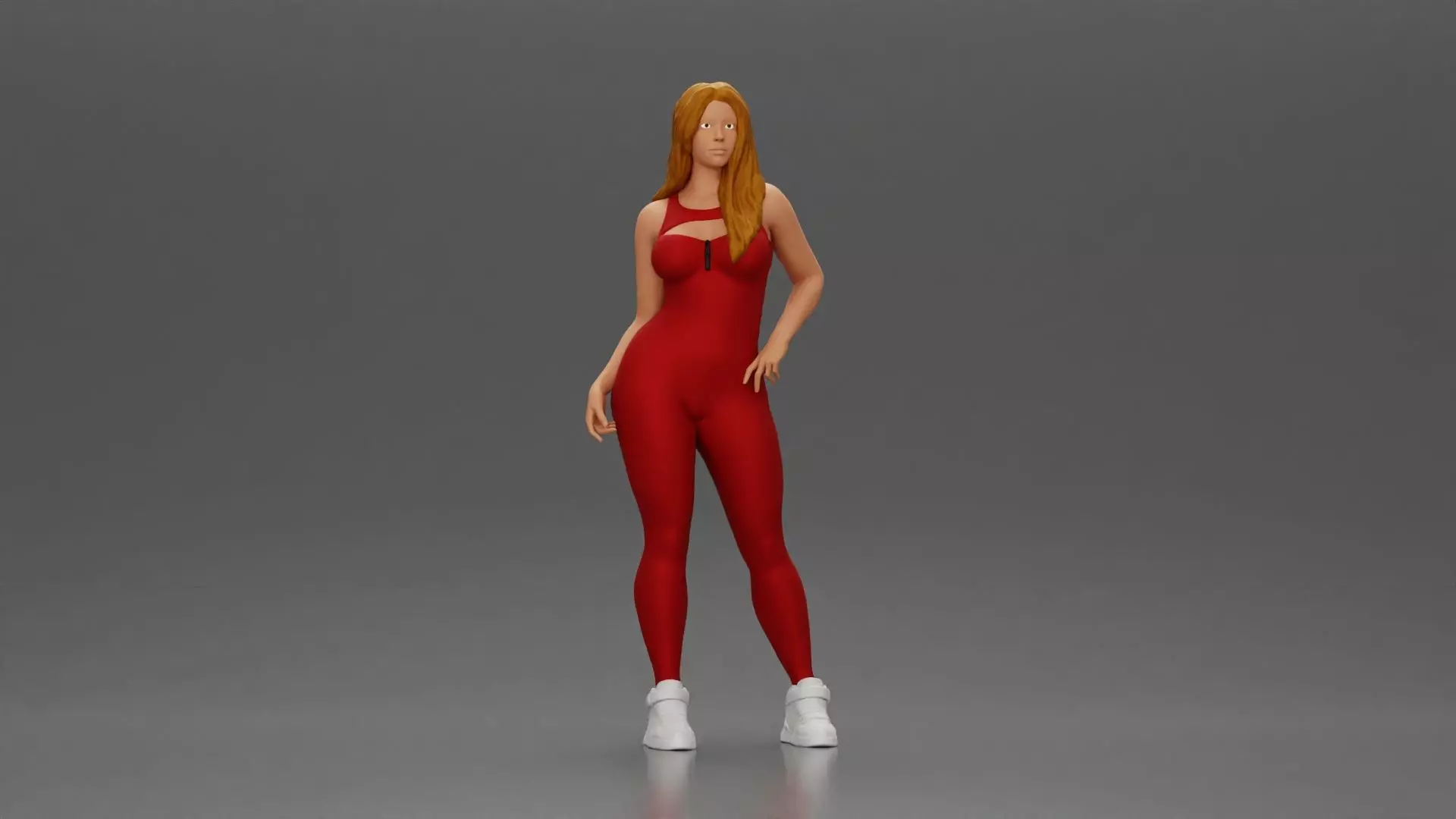 woman in red bodysuit striking a fashionable pose with sneakers 3D print model_0