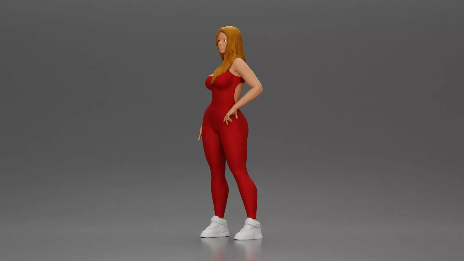 woman in red bodysuit striking a fashionable pose with sneakers 3D print model_5