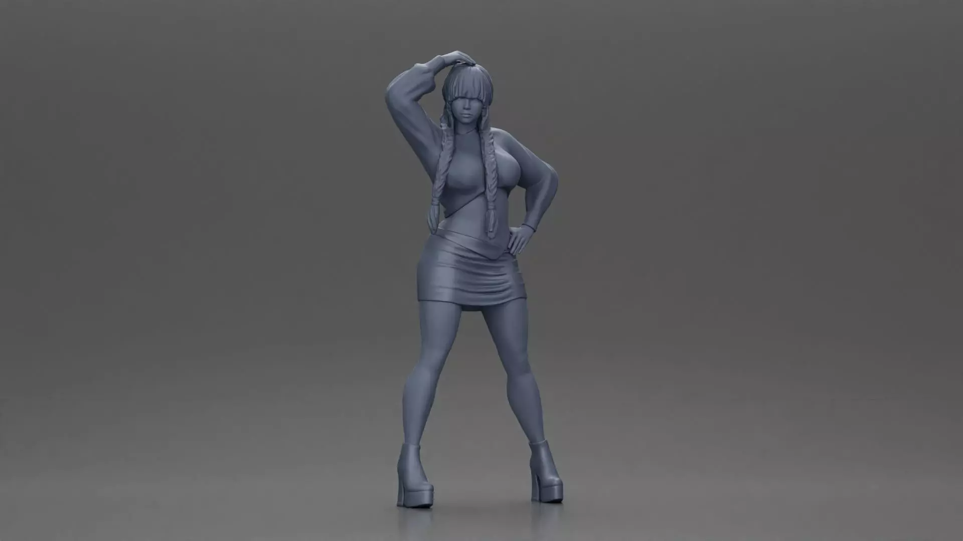 Woman in outfit striking a playful pose with braids and heels 3D print model_6