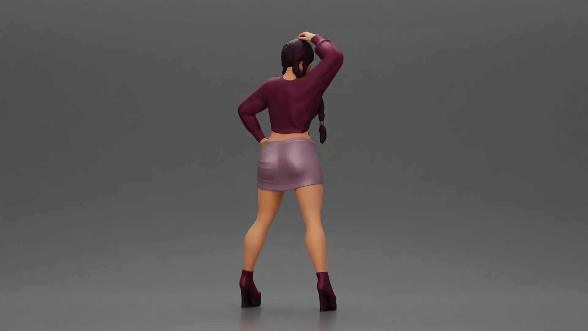 Woman in outfit striking a playful pose with braids and heels 3D print model_2