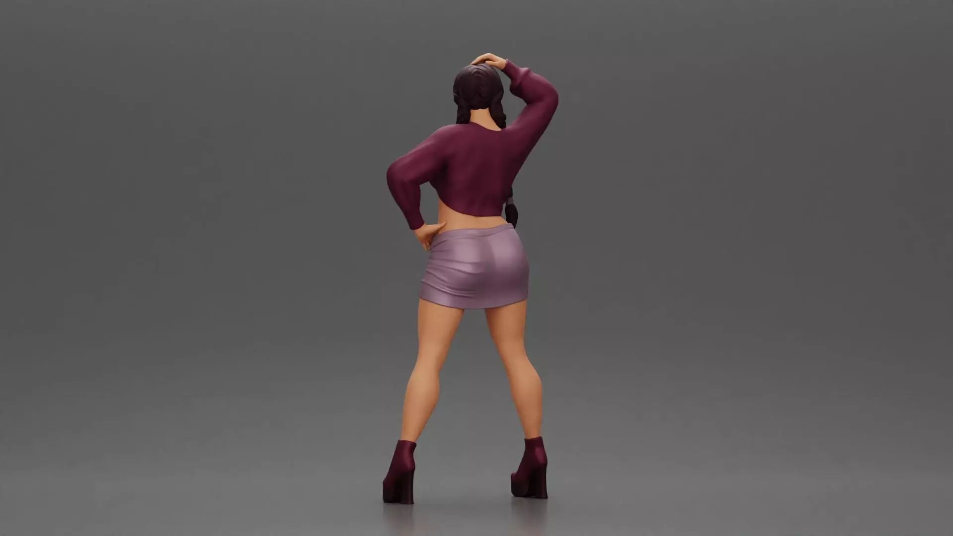 Woman in outfit striking a playful pose with braids and heels 3D print model_3