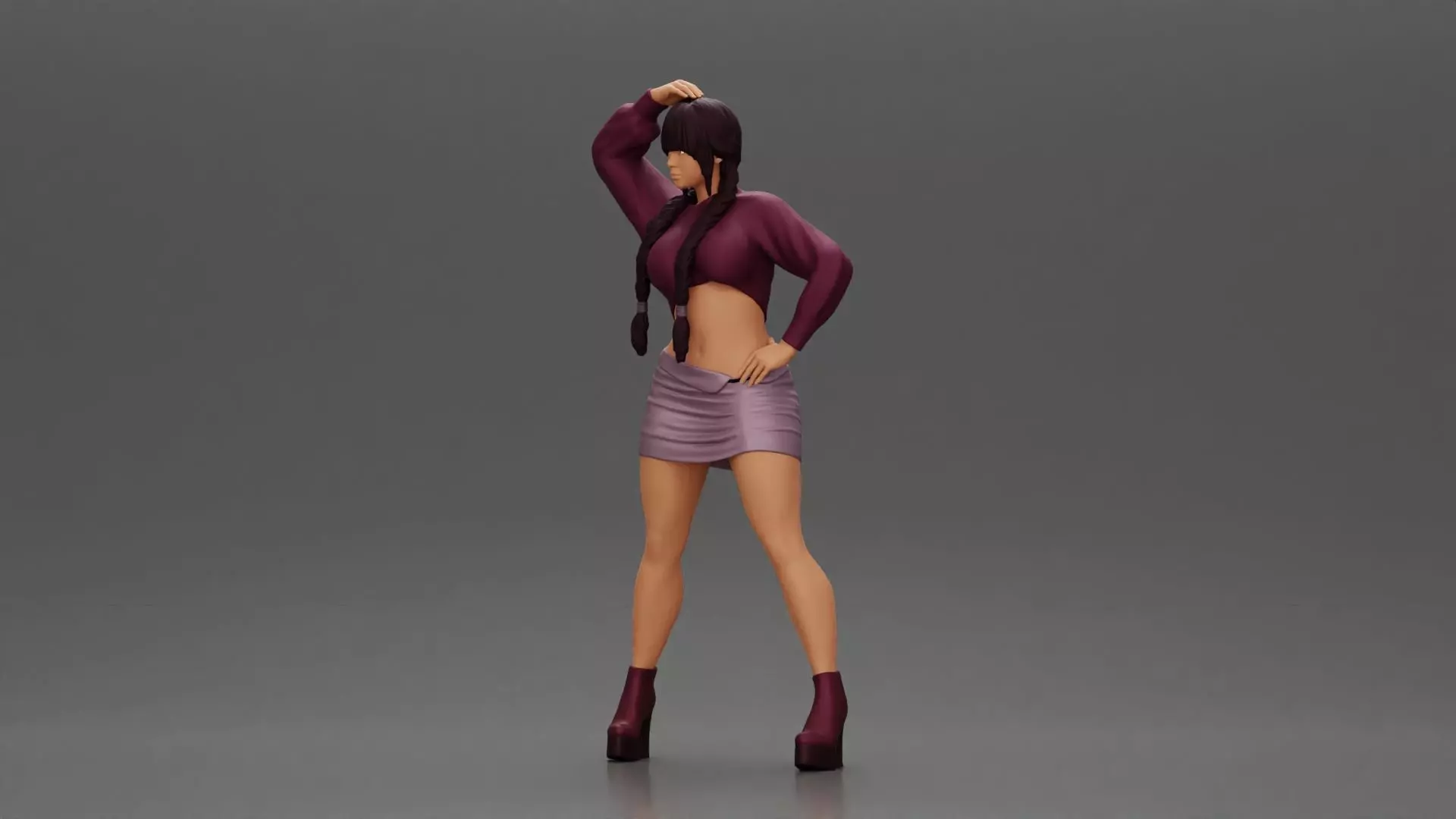 Woman in outfit striking a playful pose with braids and heels 3D print model_5