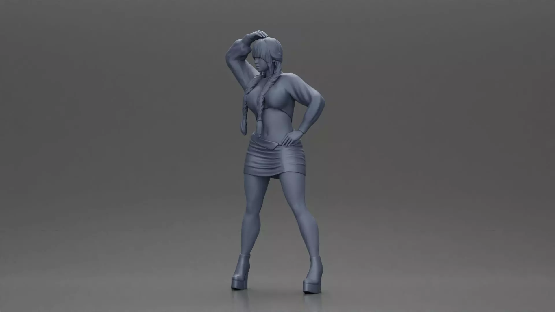 Woman in outfit striking a playful pose with braids and heels 3D print model_11