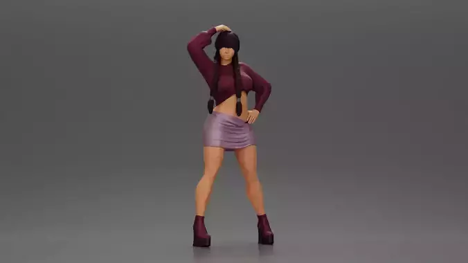 Woman in outfit striking a playful pose with braids and heels