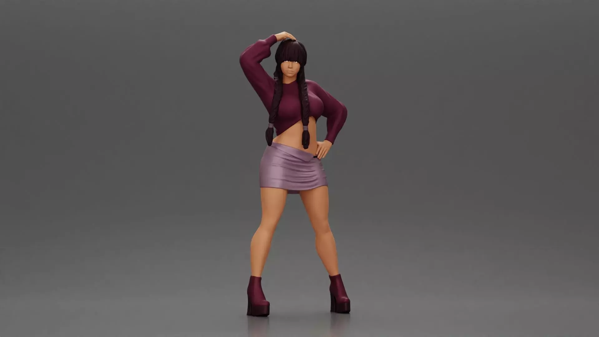Woman in outfit striking a playful pose with braids and heels 3D print model_0