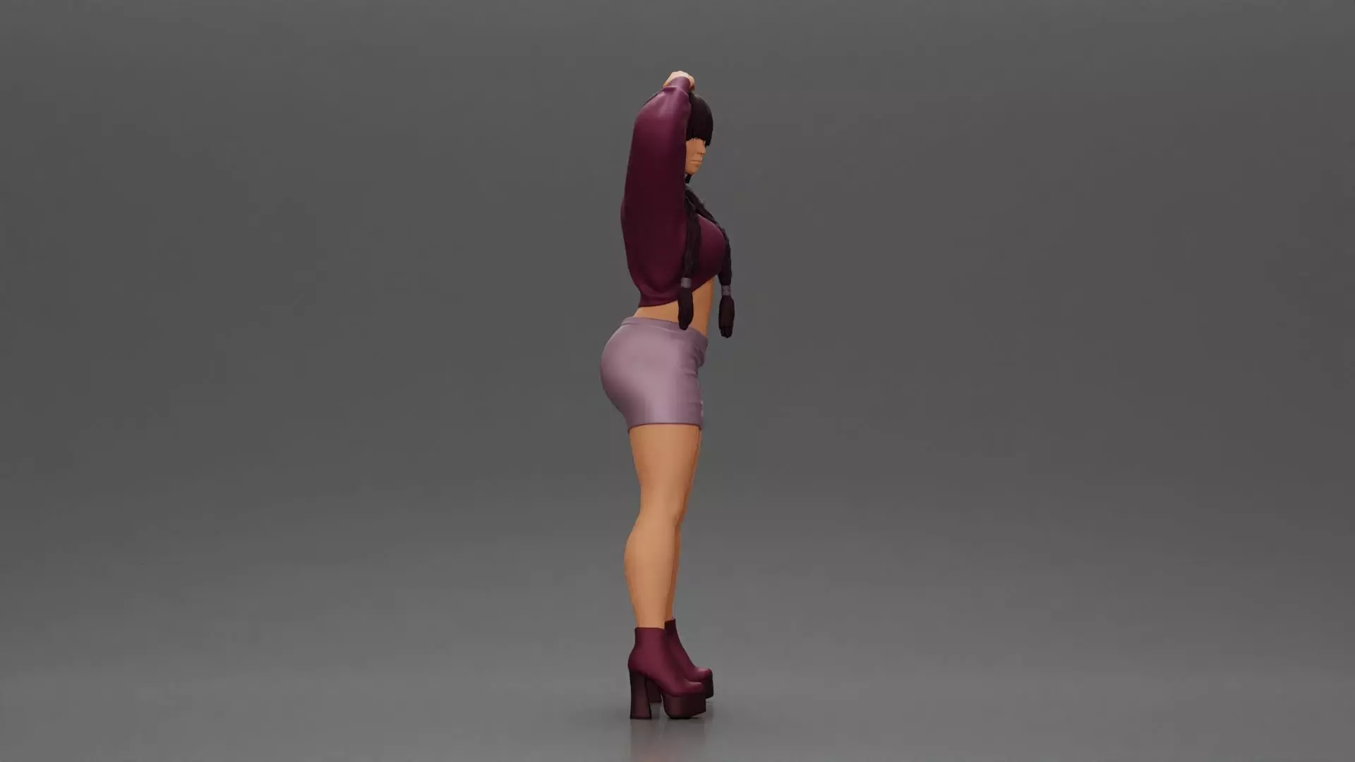 Woman in outfit striking a playful pose with braids and heels 3D print model_1