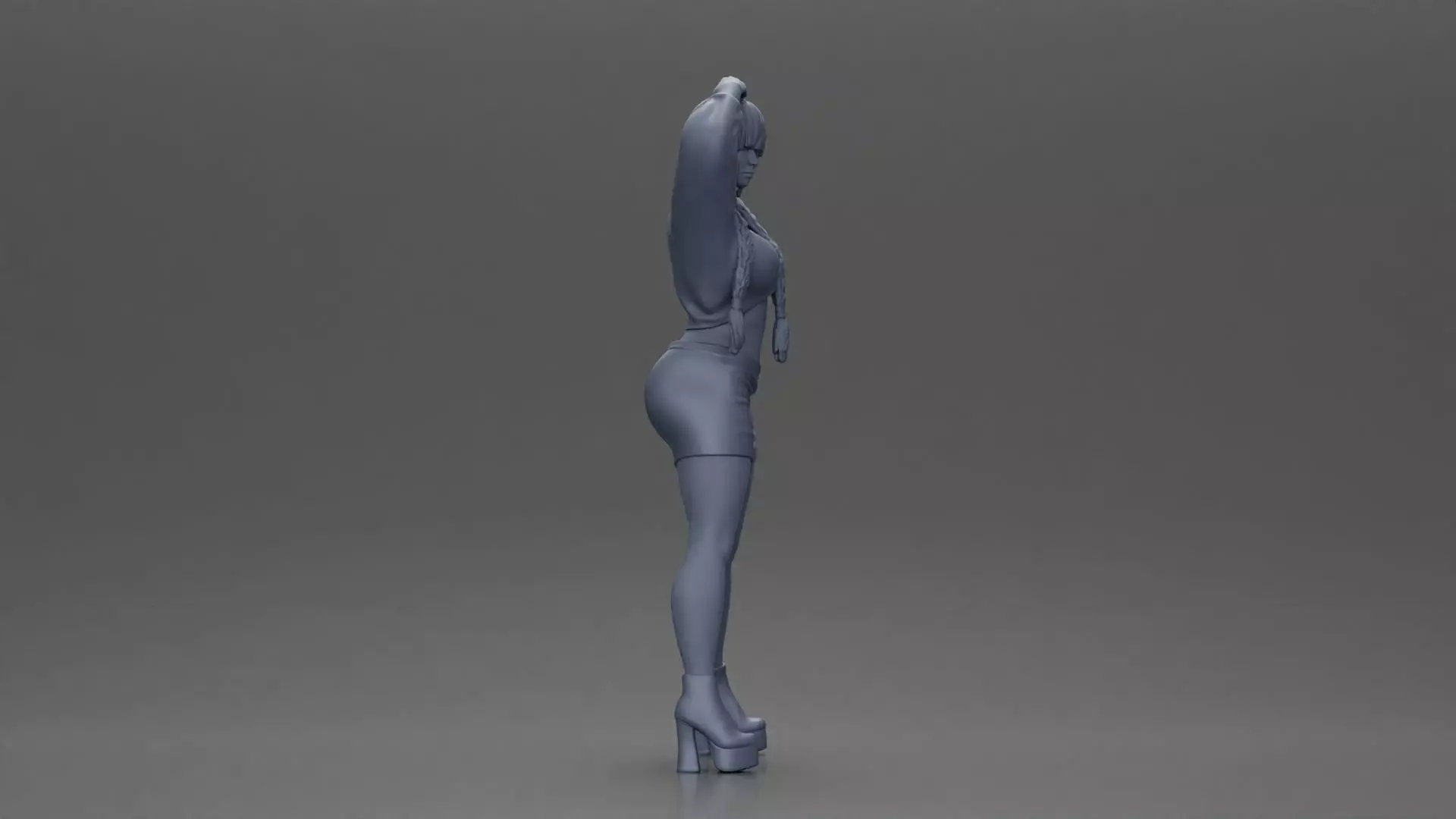 Woman in outfit striking a playful pose with braids and heels 3D print model_7