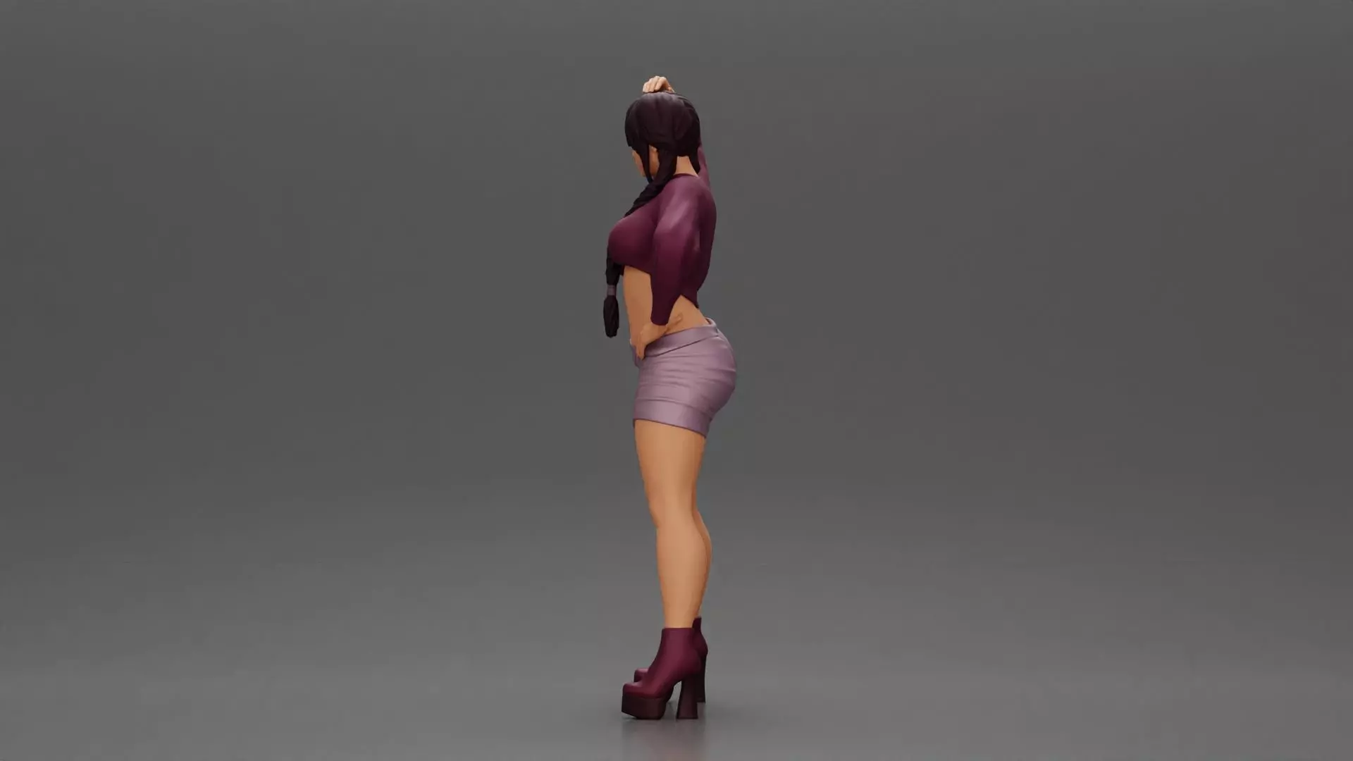 Woman in outfit striking a playful pose with braids and heels 3D print model_4