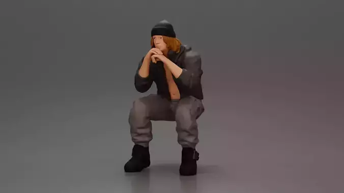 Gangster sitting in dressed casually with a beanie and jacket 3D print model