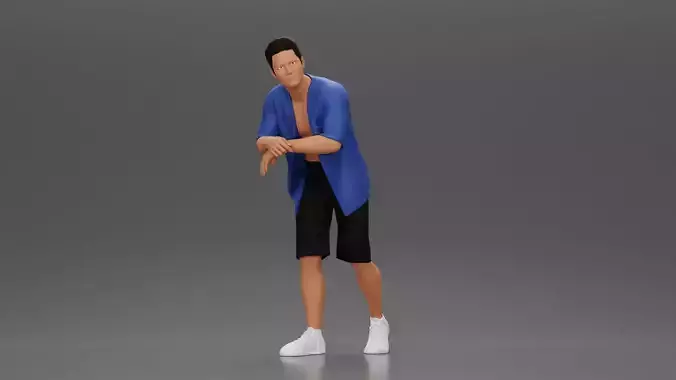 Stylish man leans casually in relaxed summer outfit stance