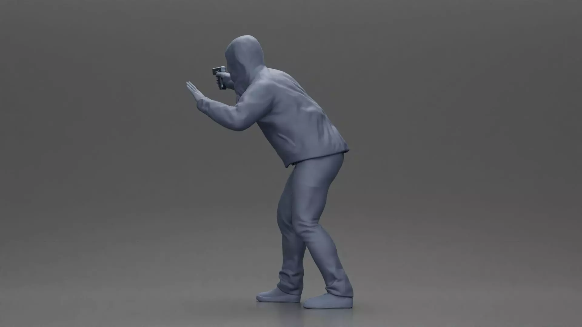 Man in hoodie pointing gun while raising hand in defensive 3D print model_10