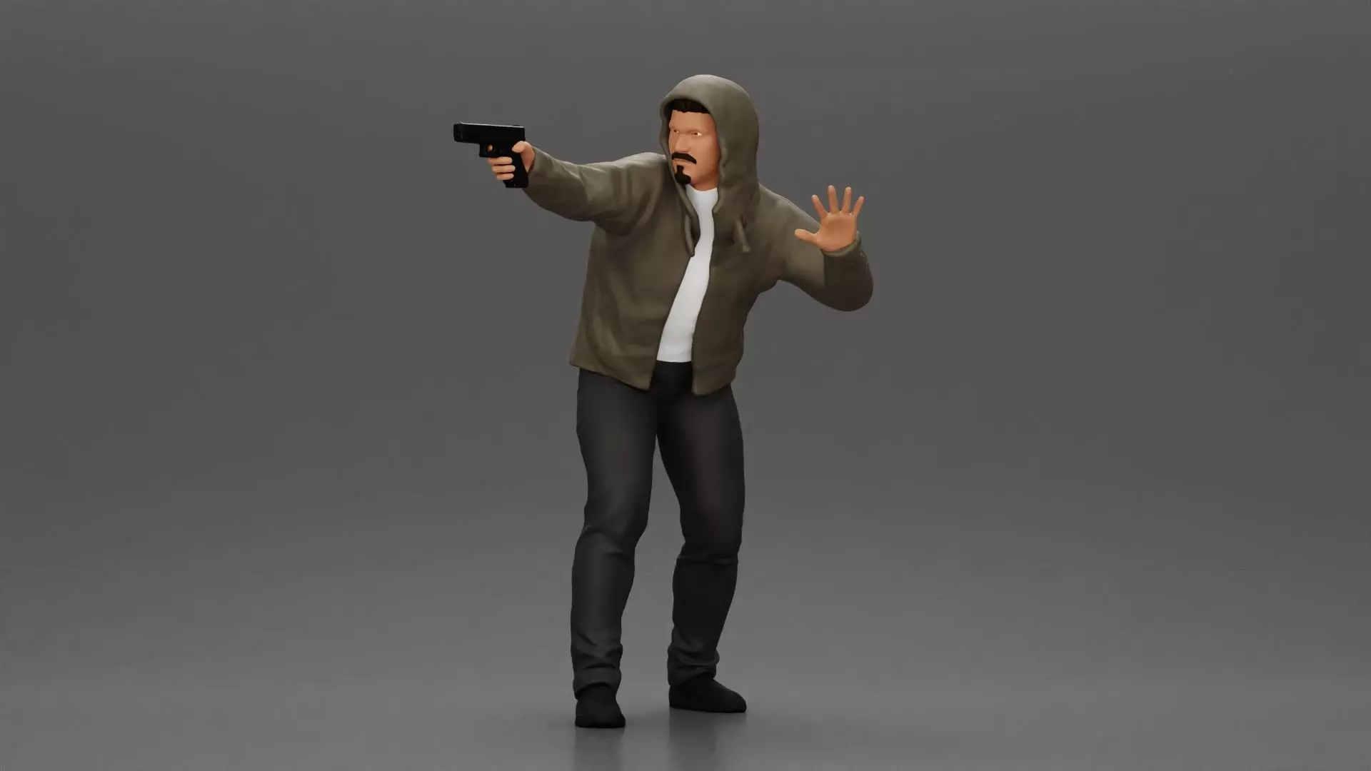 Man in hoodie pointing gun while raising hand in defensive 3D print model_0