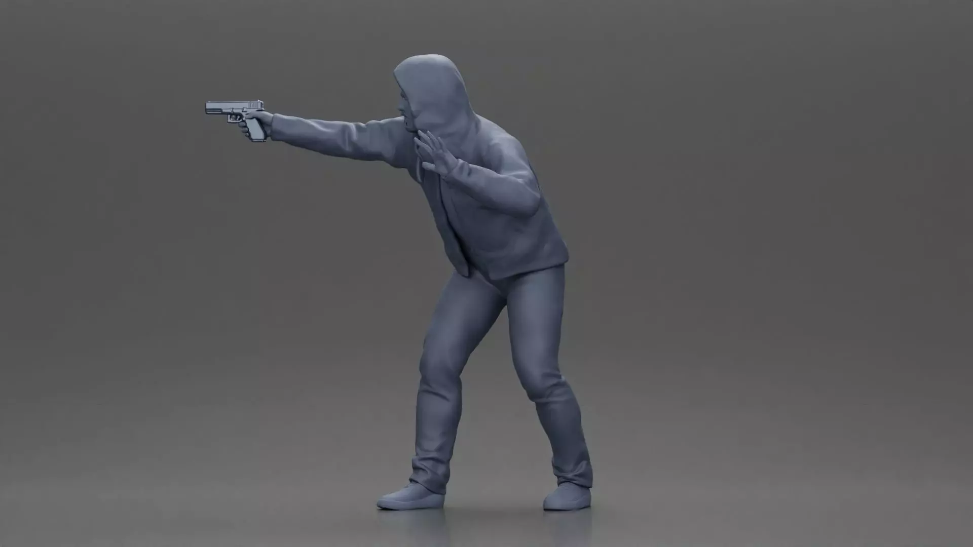 Man in hoodie pointing gun while raising hand in defensive 3D print model_11