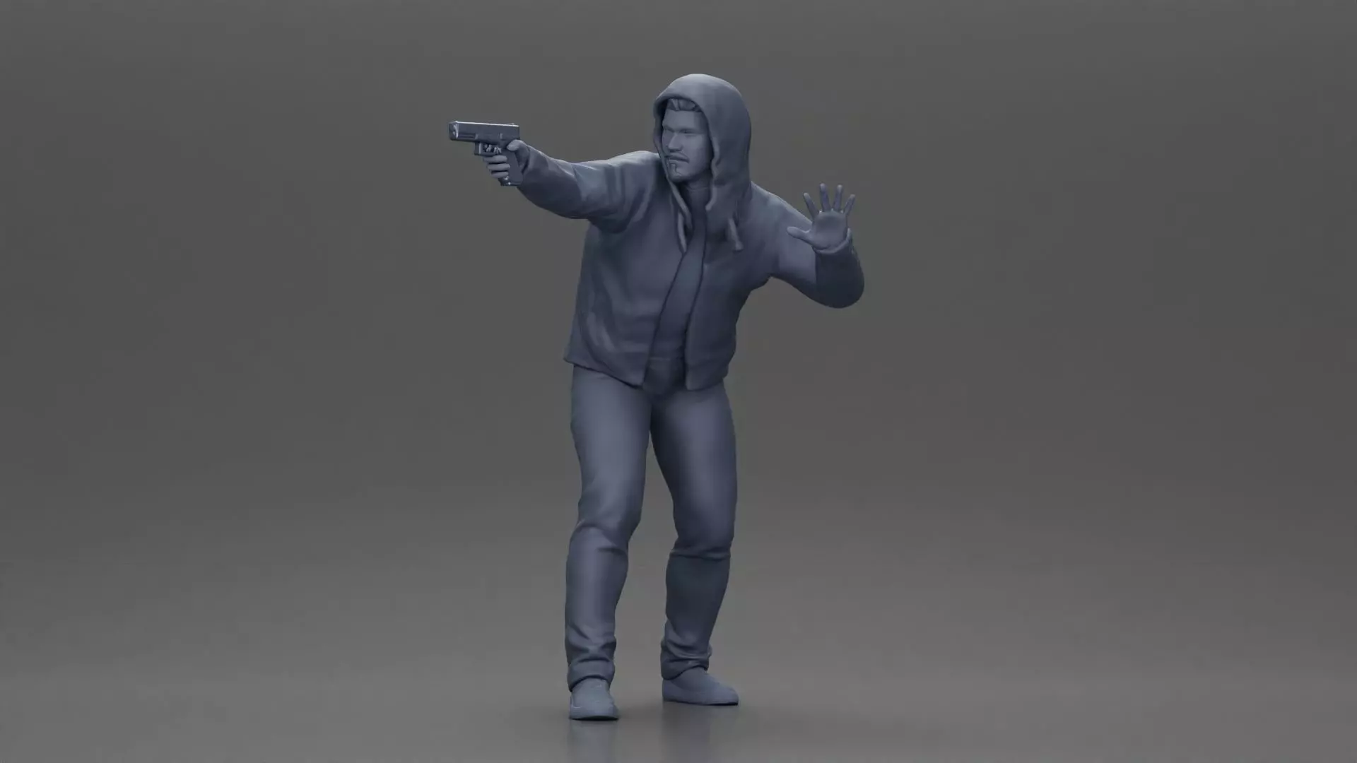 Man in hoodie pointing gun while raising hand in defensive 3D print model_6