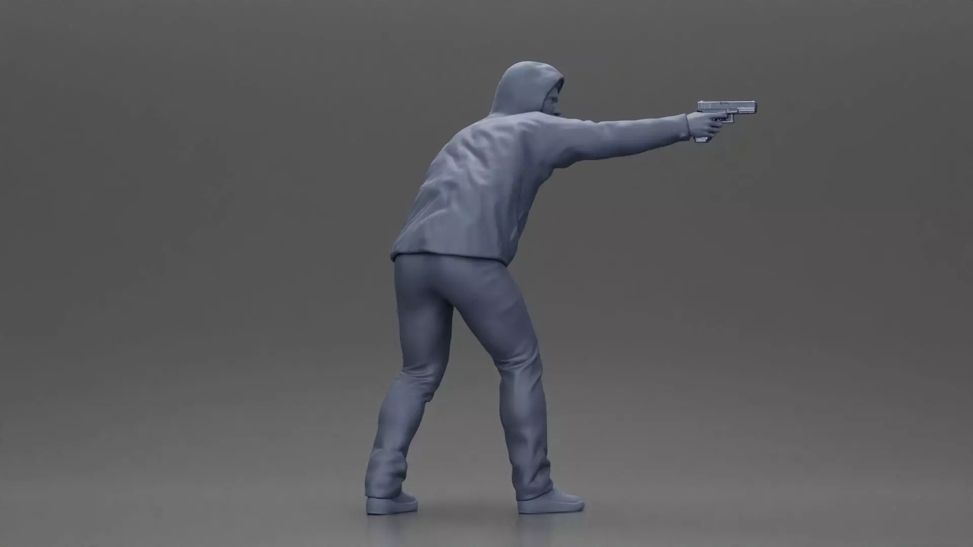 Man in hoodie pointing gun while raising hand in defensive 3D print model_8