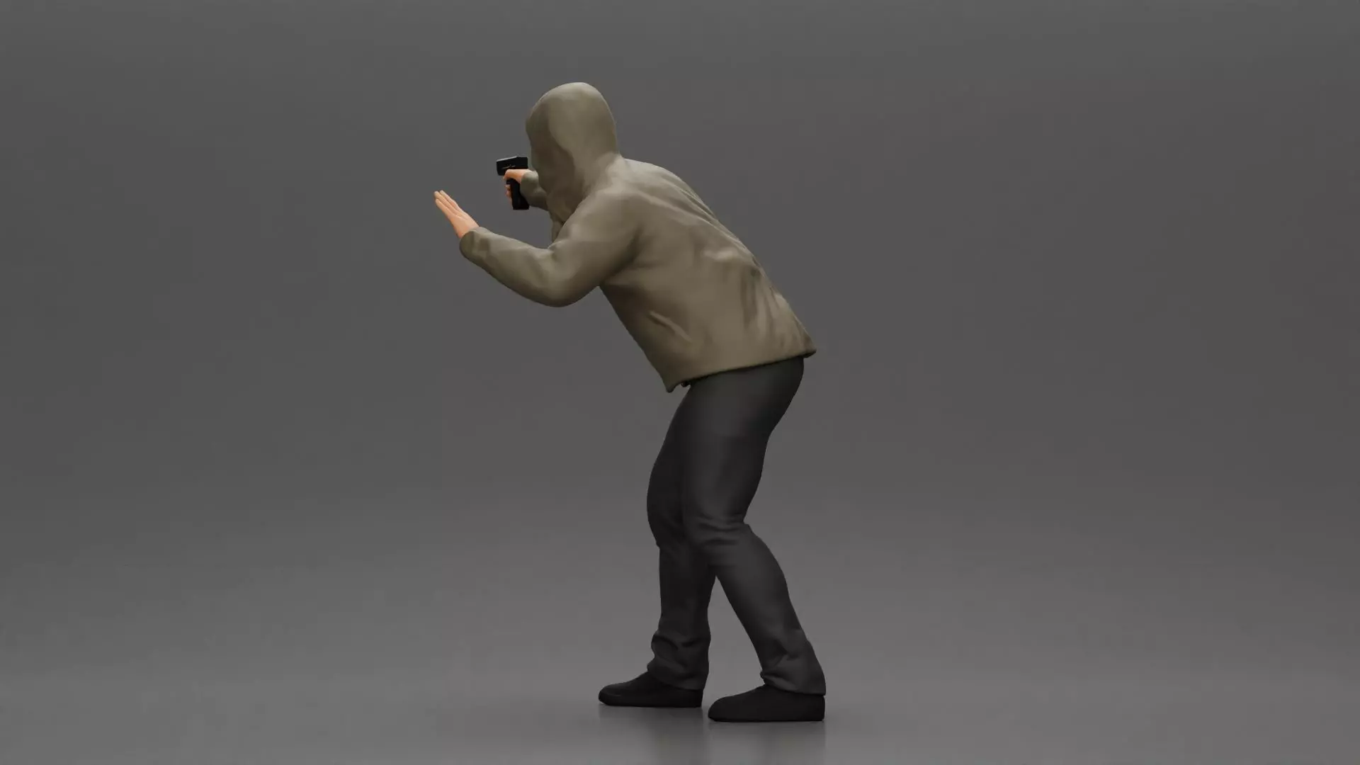 Man in hoodie pointing gun while raising hand in defensive 3D print model_4