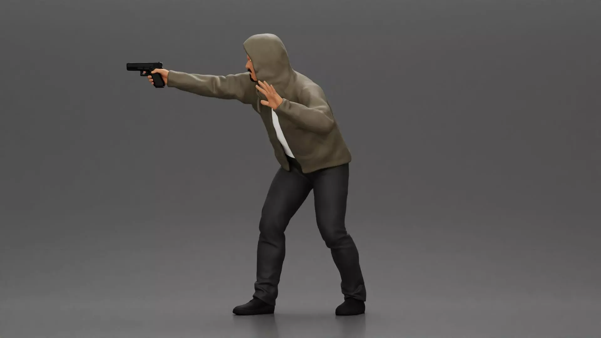 Man in hoodie pointing gun while raising hand in defensive 3D print model_5