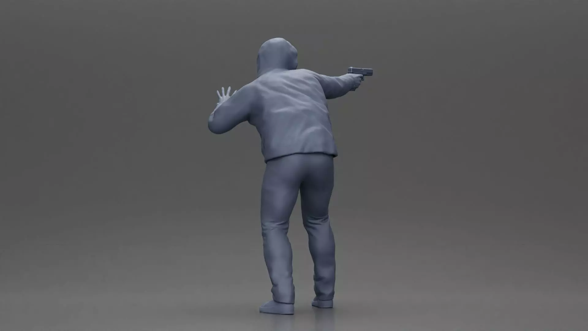 Man in hoodie pointing gun while raising hand in defensive 3D print model_9